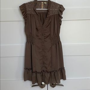 Luster Tunic Top with Lace and Ruffle Cap Sleeves